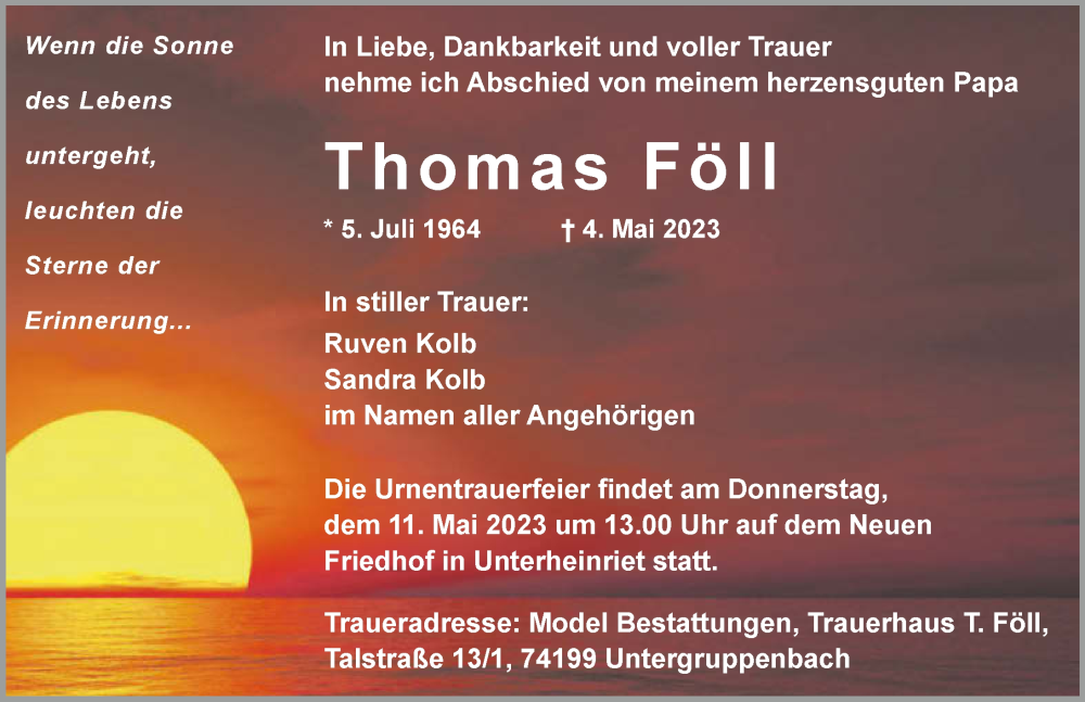  Traueranzeige für Thomas Föll vom 06.05.2023 aus GESAMT