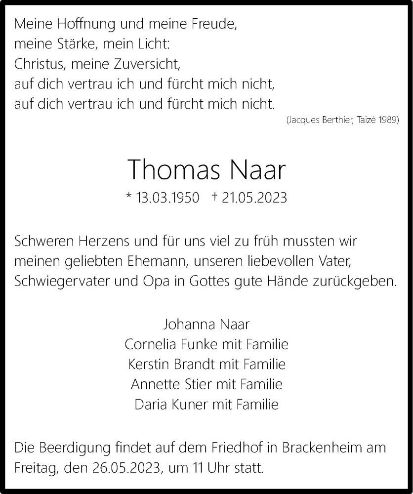  Traueranzeige für Thomas Naar vom 23.05.2023 aus GESAMT