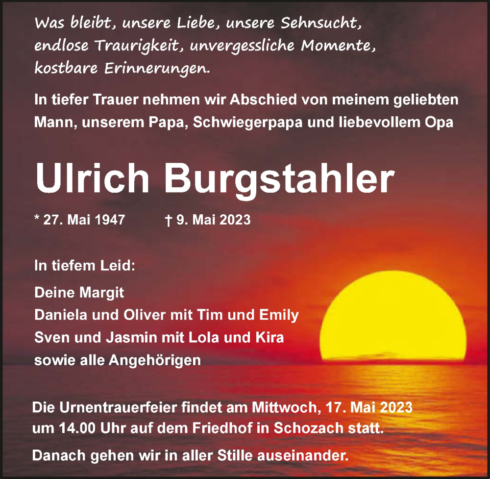  Traueranzeige für Ulrich Burgstahler vom 13.05.2023 aus GESAMT