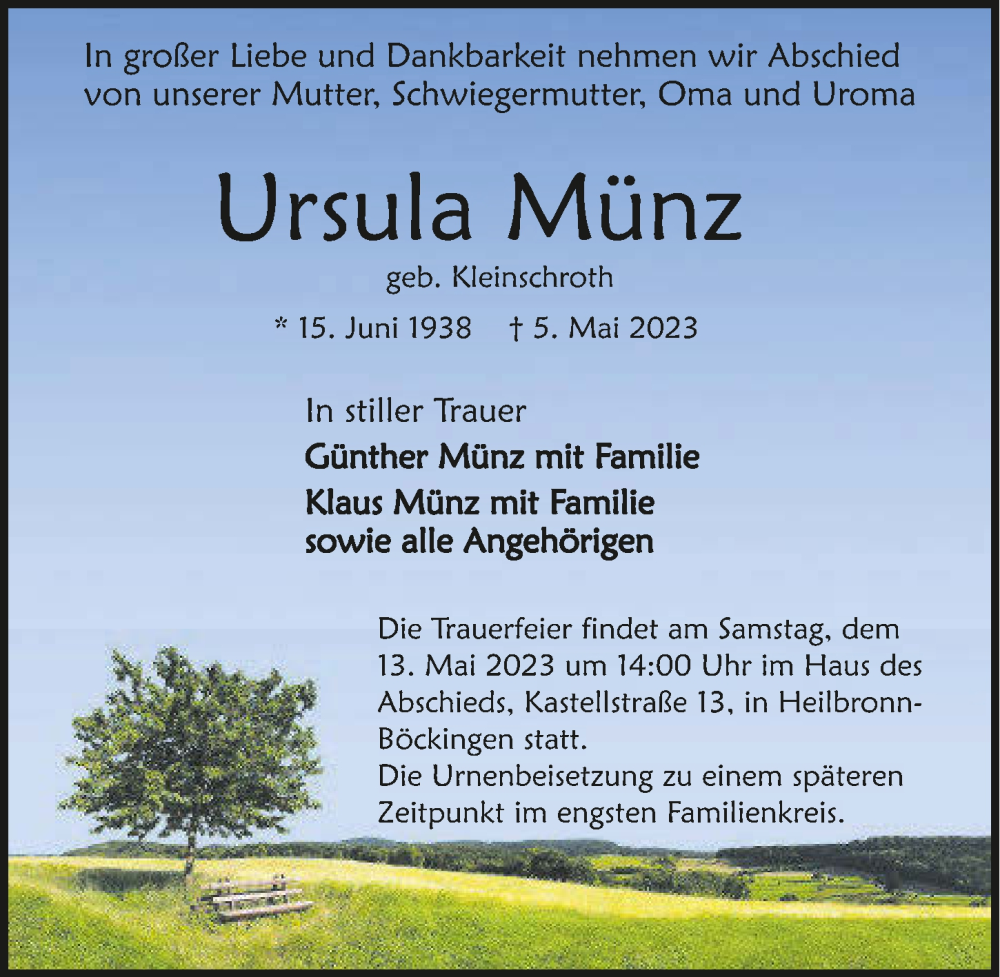  Traueranzeige für Ursula Münz vom 11.05.2023 aus GESAMT