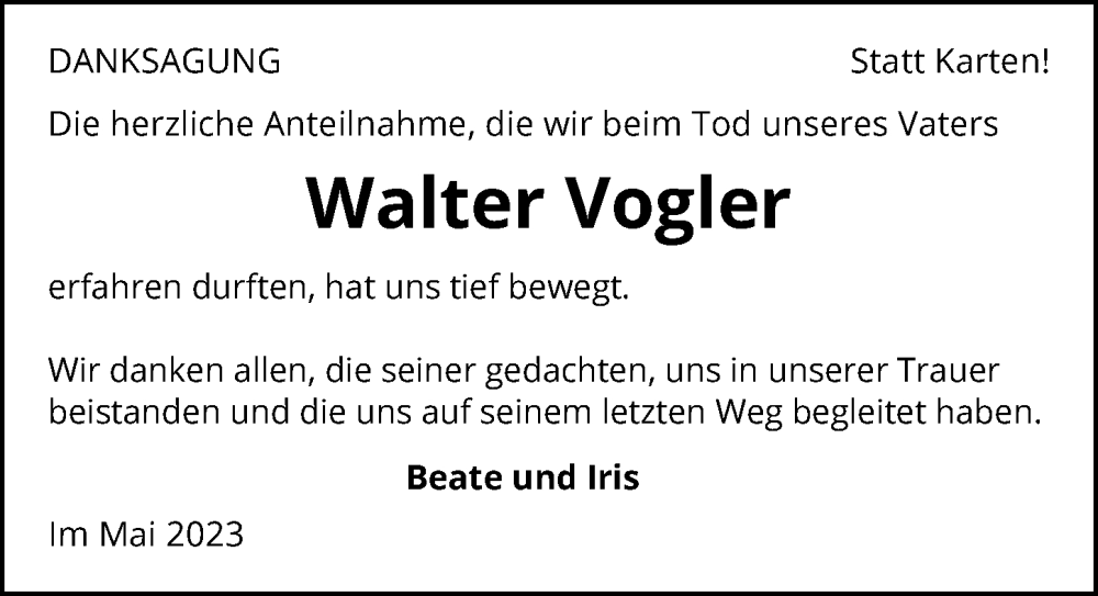  Traueranzeige für Walter Vogler vom 27.05.2023 aus GESAMT