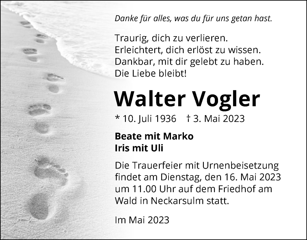  Traueranzeige für Walter Vogler vom 13.05.2023 aus GESAMT