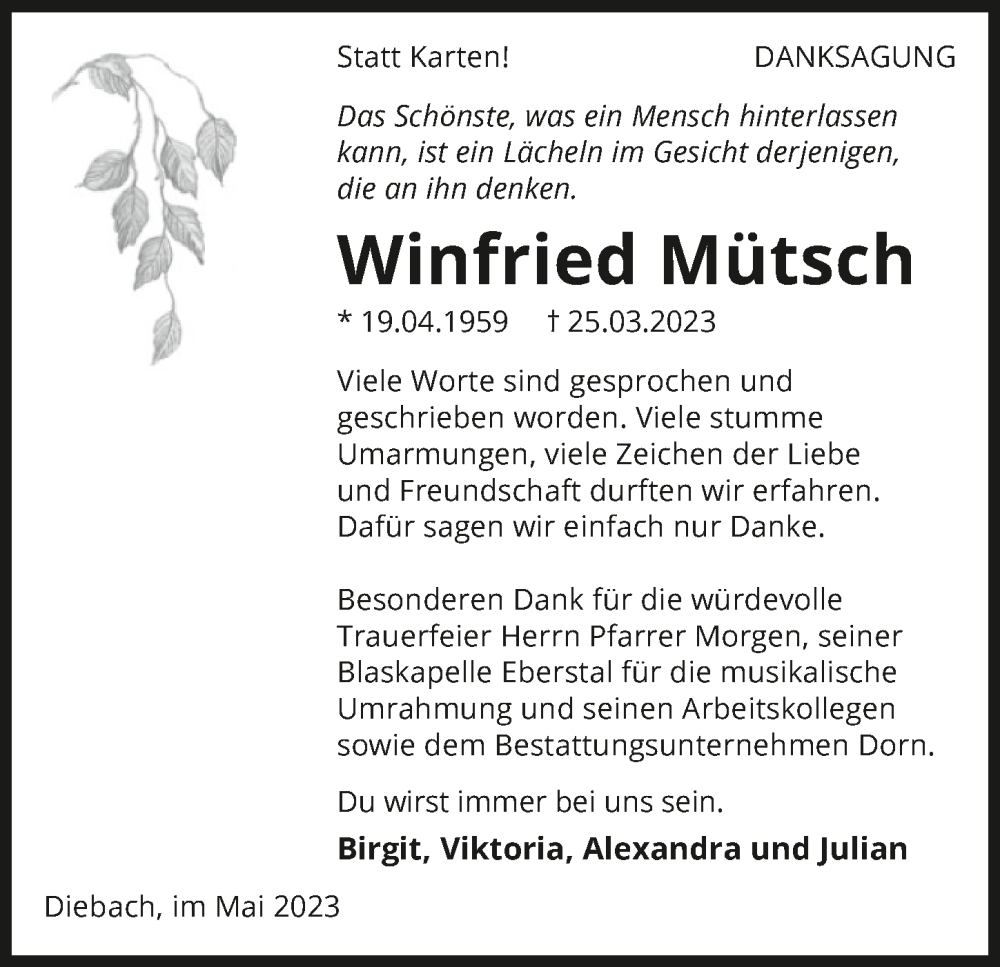  Traueranzeige für Winfried Mütsch vom 06.05.2023 aus GESAMT