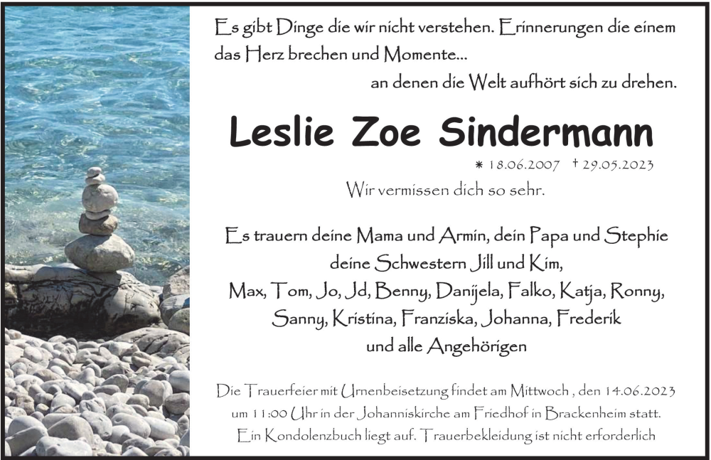  Traueranzeige für Leslie Zoe Sindermann vom 07.06.2023 aus GESAMT