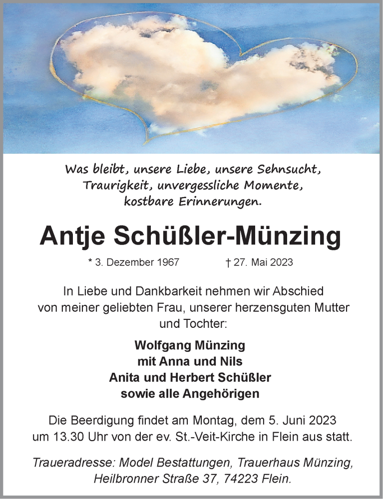 Traueranzeige für Antje Schüßler-Münzing vom 01.06.2023 aus Heilbronner Stimme