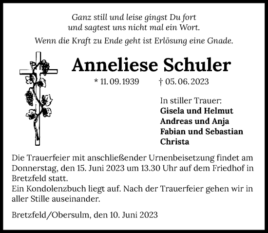 Traueranzeige von Anneliese Schuler von GESAMT