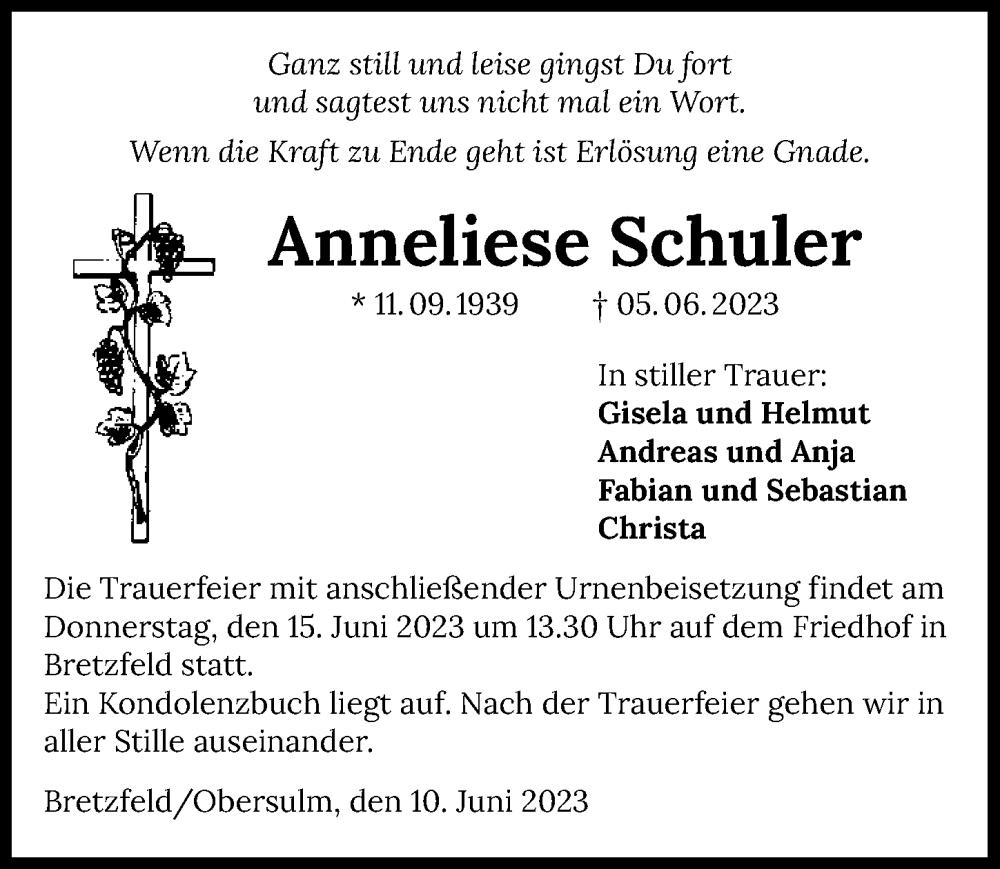  Traueranzeige für Anneliese Schuler vom 10.06.2023 aus GESAMT