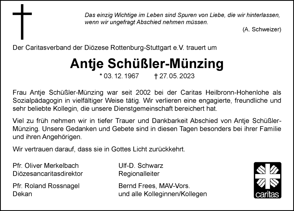  Traueranzeige für Antje Schüßler-Münzing vom 02.06.2023 aus GESAMT
