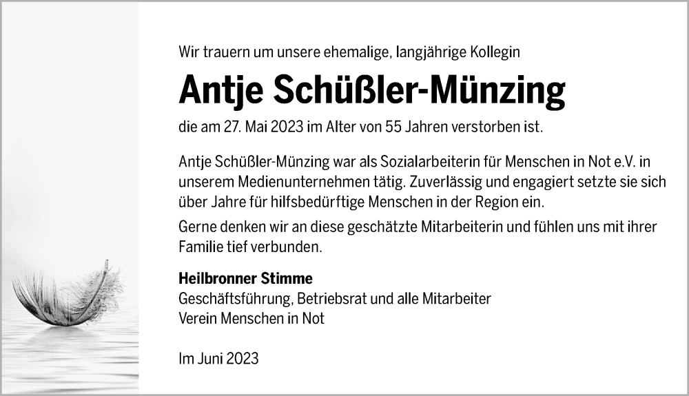  Traueranzeige für Antje Schüßler-Münzing vom 01.06.2023 aus GESAMT