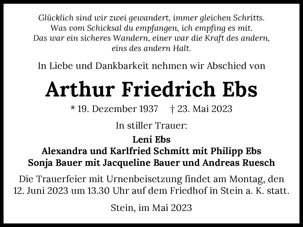  Traueranzeige für Arthur Friedrich Ebs vom 03.06.2023 aus GESAMT
