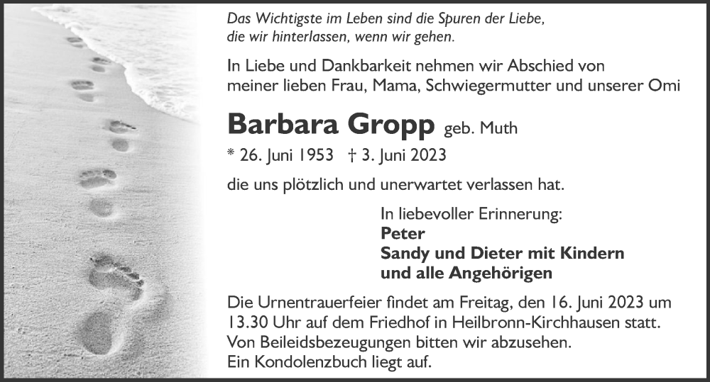  Traueranzeige für Barbara Gropp vom 10.06.2023 aus GESAMT