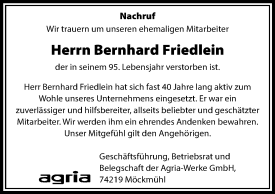 Traueranzeige von Bernhard Friedlein von GESAMT