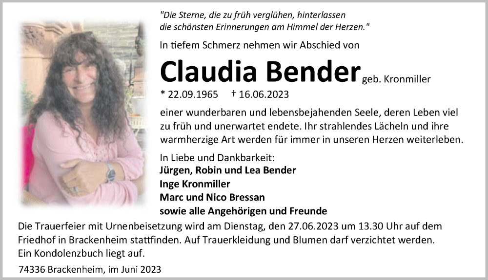  Traueranzeige für Claudia Bender vom 24.06.2023 aus GESAMT