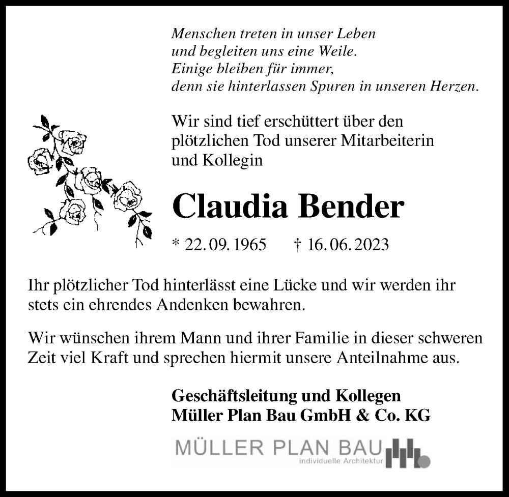  Traueranzeige für Claudia Bender vom 24.06.2023 aus GESAMT
