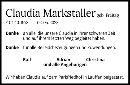 Traueranzeige von Claudia Markstaller von GESAMT