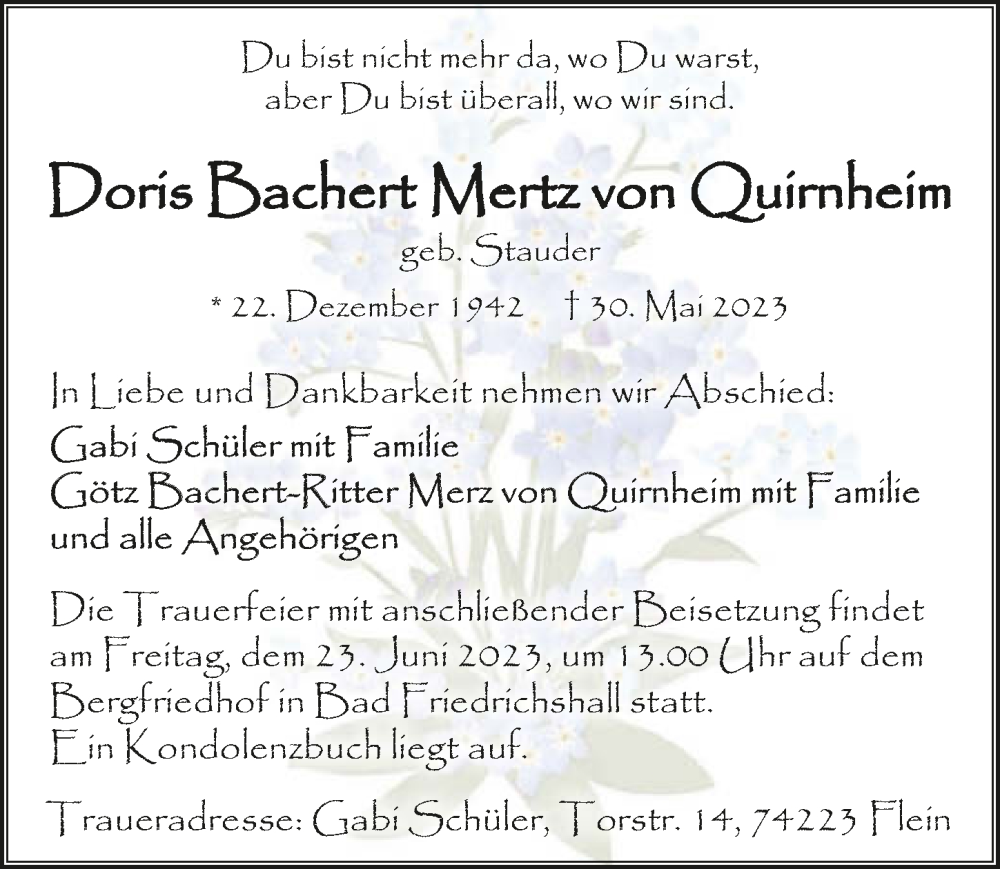  Traueranzeige für Doris Bachert Mertz von Quirnheim vom 17.06.2023 aus GESAMT
