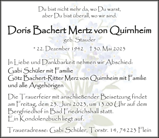 Traueranzeige von Doris Bachert Mertz von Quirnheim von GESAMT