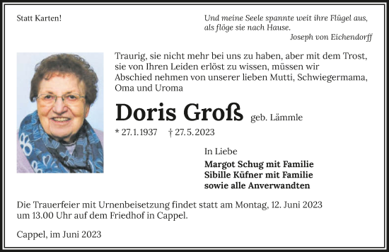 Traueranzeige von Doris Groß von GESAMT