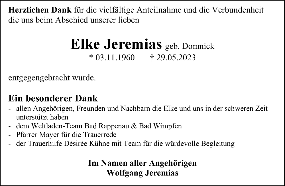  Traueranzeige für Elke Jeremias vom 17.06.2023 aus GESAMT