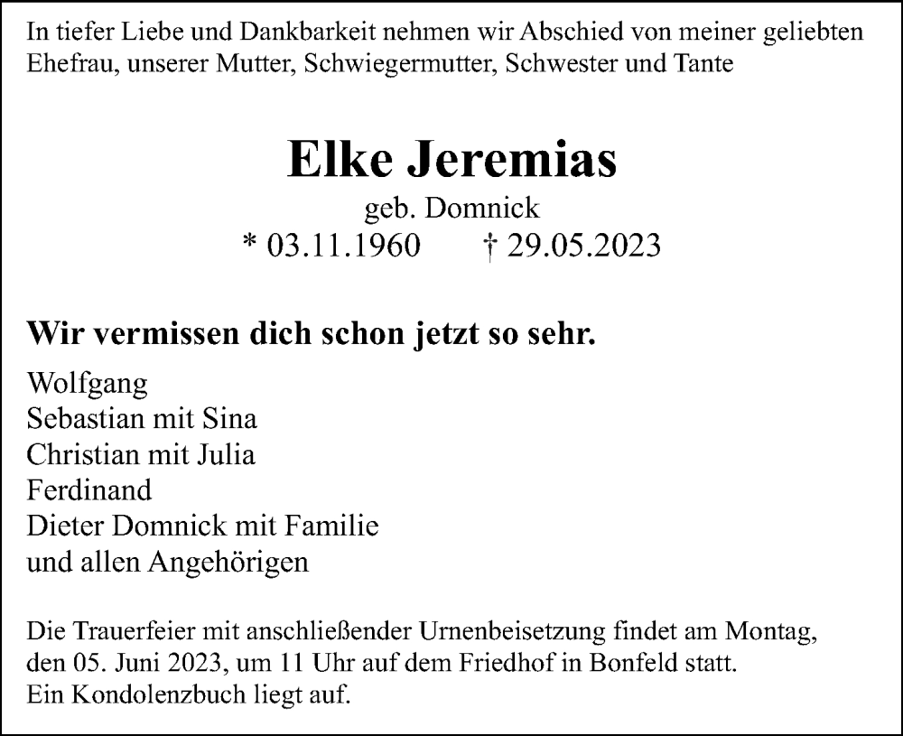  Traueranzeige für Elke Jeremias vom 03.06.2023 aus GESAMT