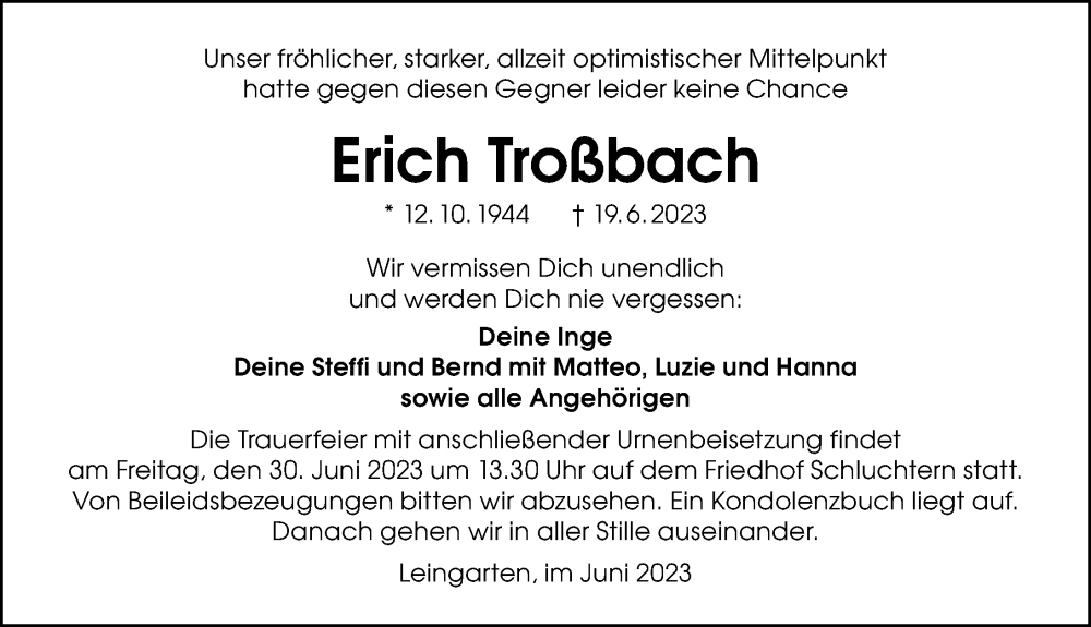  Traueranzeige für Erich Troßbach vom 27.06.2023 aus GESAMT