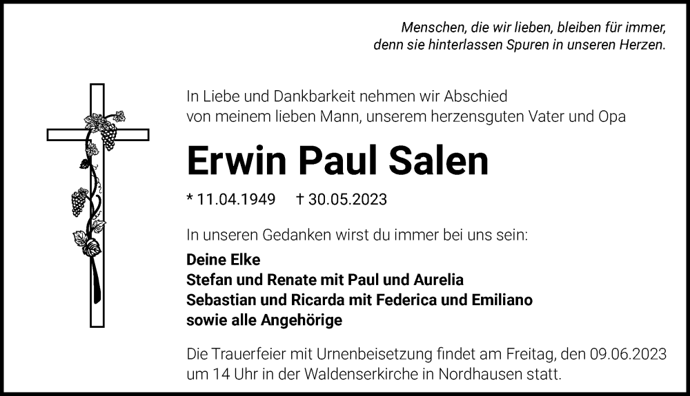  Traueranzeige für Erwin Paul Salen vom 03.06.2023 aus GESAMT