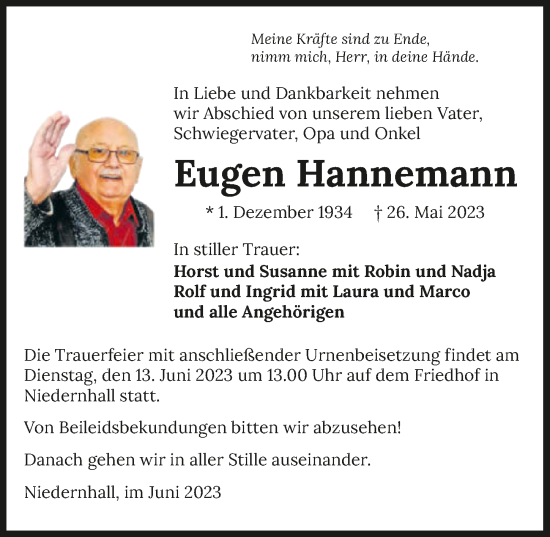 Traueranzeige von Eugen Hannemann von GESAMT