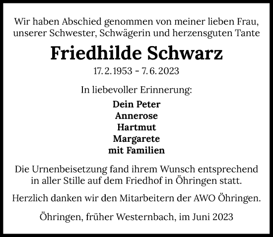 Traueranzeige von Friedhilde Schwarz von GESAMT