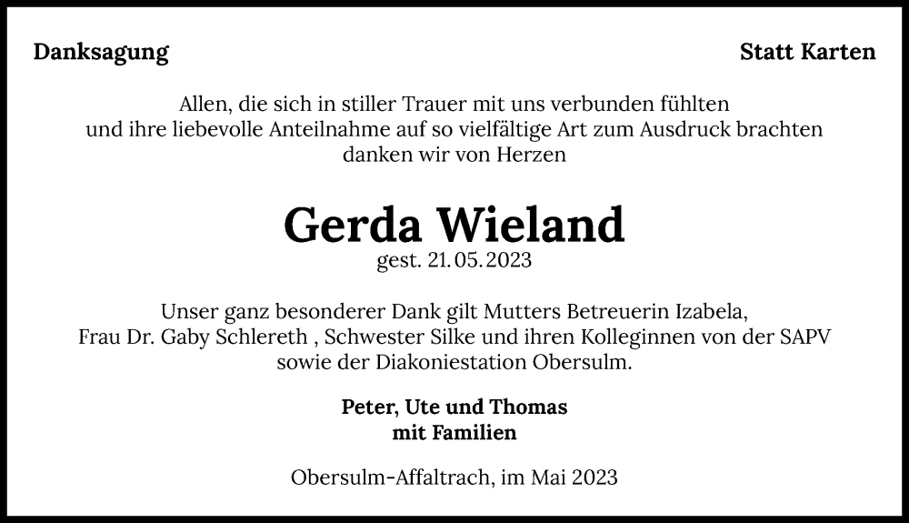  Traueranzeige für Gerda Wieland vom 03.06.2023 aus GESAMT