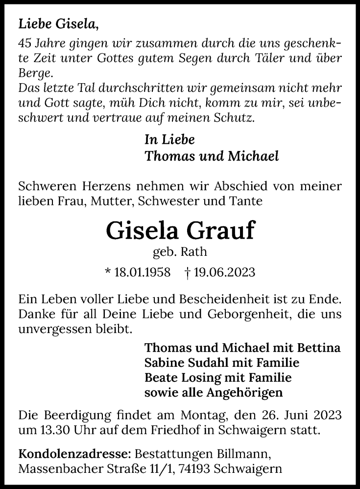  Traueranzeige für Gisela Grauf vom 22.06.2023 aus GESAMT