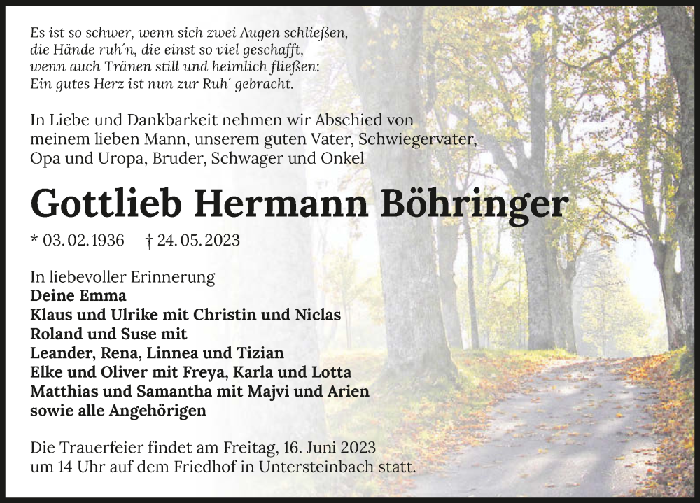  Traueranzeige für Gottlieb Hermann Böhringer vom 13.06.2023 aus GESAMT