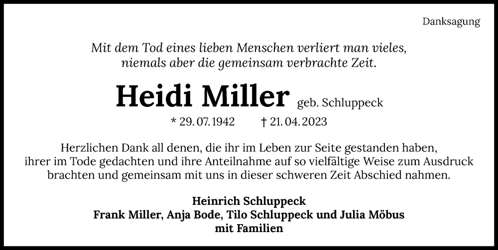  Traueranzeige für Heidi Miller vom 17.06.2023 aus GESAMT