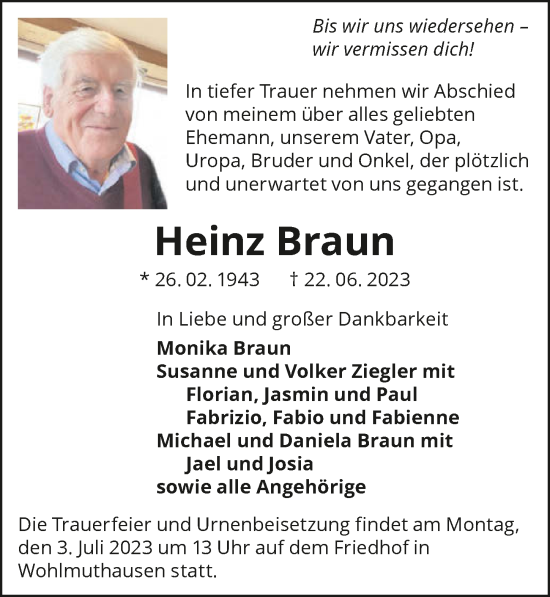 Traueranzeige von Heinz Braun von GESAMT