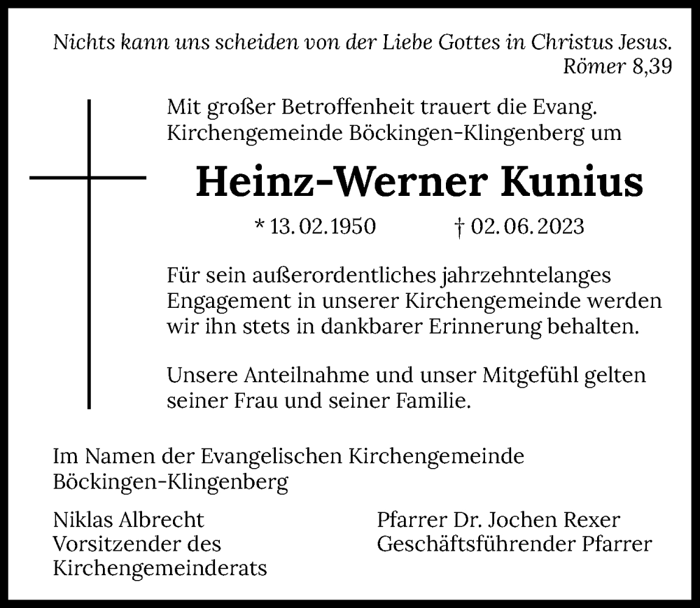  Traueranzeige für Heinz-Werner Kunius vom 15.06.2023 aus GESAMT