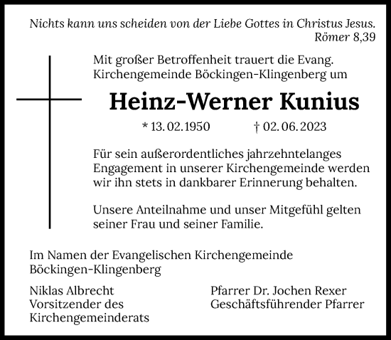 Traueranzeige von Heinz-Werner Kunius von GESAMT