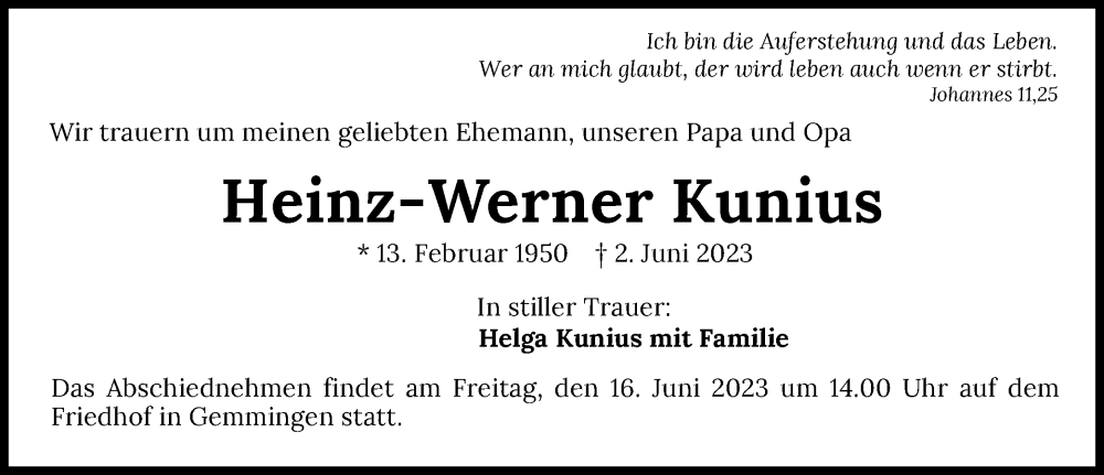  Traueranzeige für Heinz-Werner Kunius vom 14.06.2023 aus GESAMT