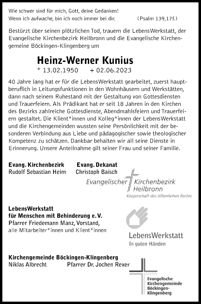  Traueranzeige für Heinz-Werner Kunius vom 14.06.2023 aus GESAMT