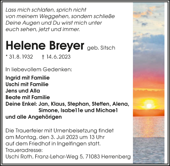 Traueranzeige von Helene Breyer von GESAMT