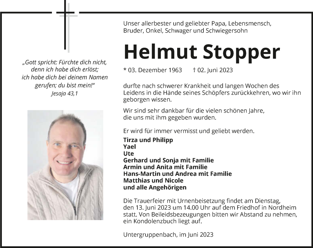  Traueranzeige für Helmut Stopper vom 10.06.2023 aus GESAMT