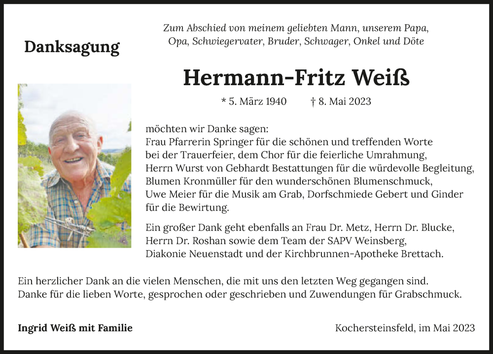  Traueranzeige für Hermann-Fritz Weiß vom 03.06.2023 aus GESAMT
