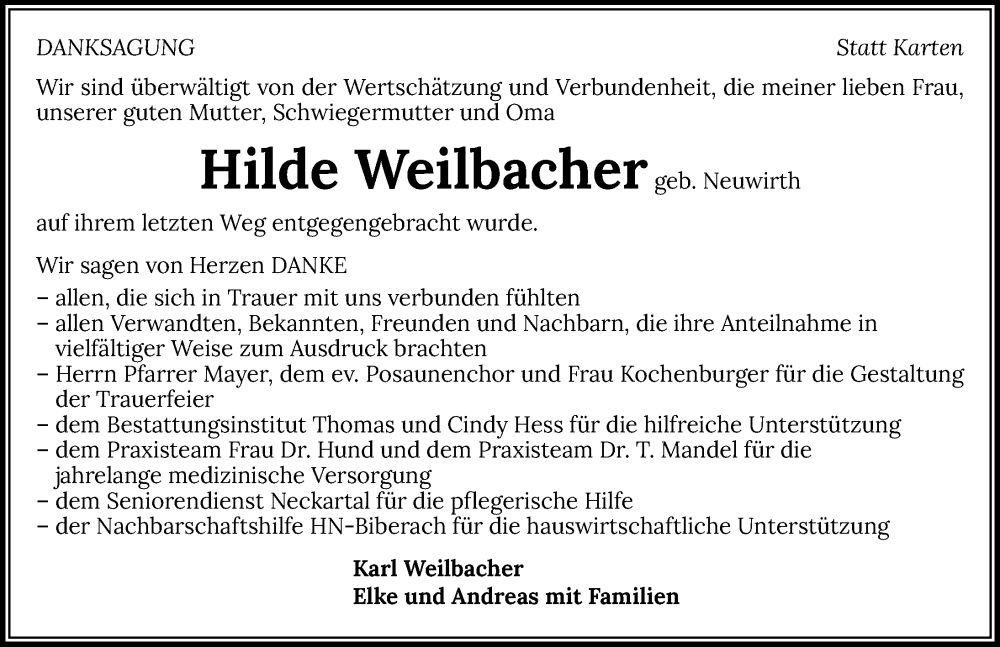  Traueranzeige für Hilde Weilbacher vom 24.06.2023 aus GESAMT