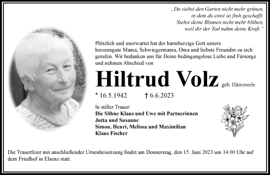 Traueranzeige von Hiltrud Volz von GESAMT