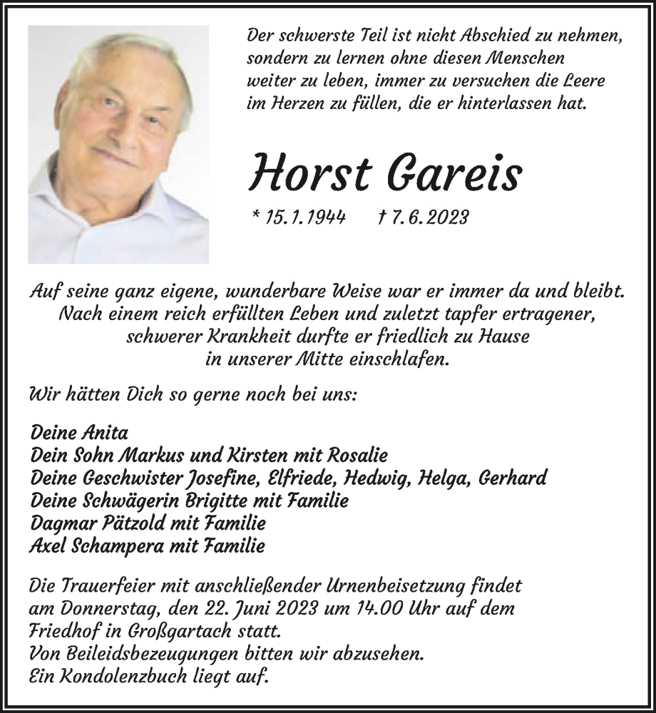  Traueranzeige für Horst Gareis vom 17.06.2023 aus GESAMT