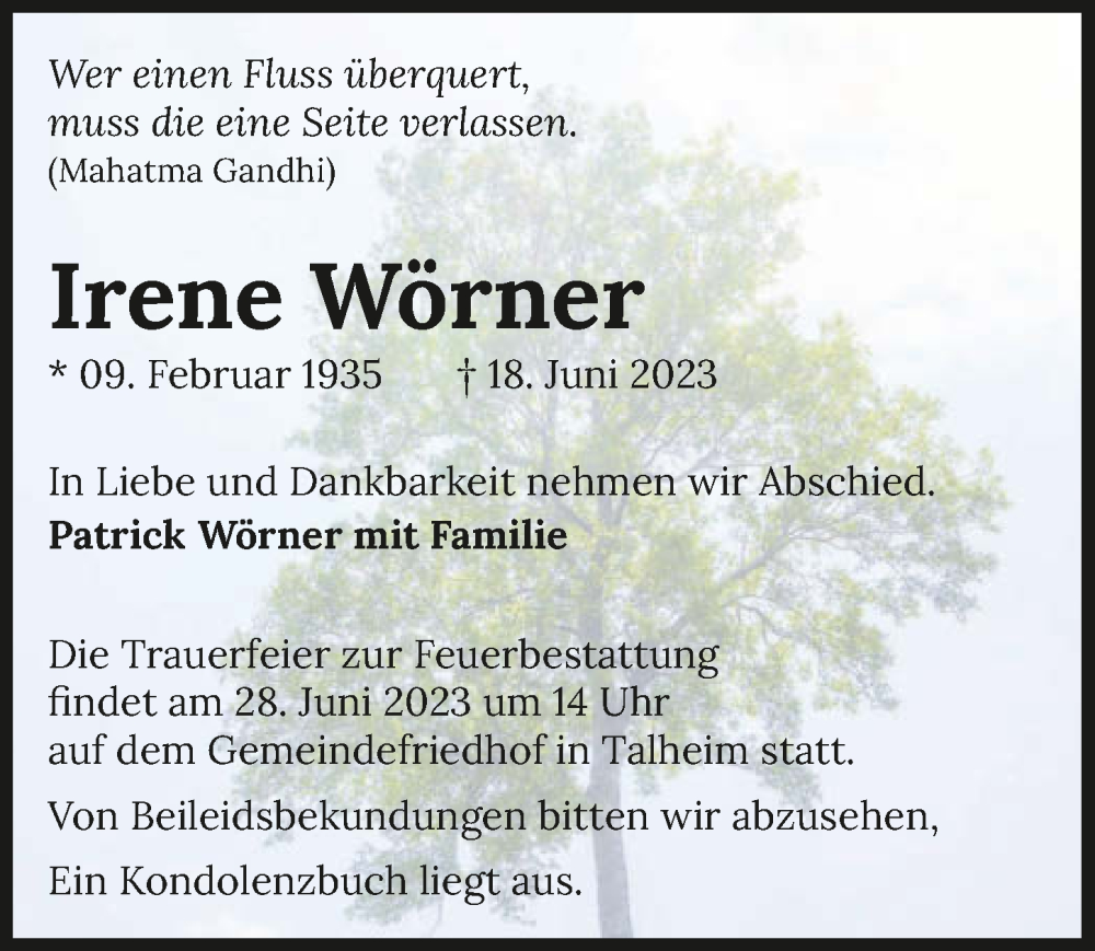  Traueranzeige für Irene Wörner vom 24.06.2023 aus GESAMT