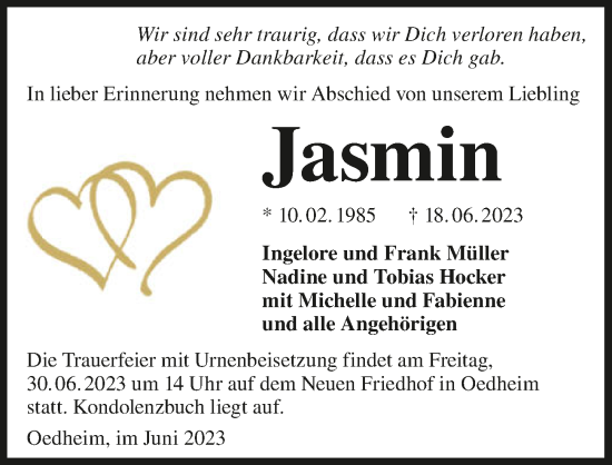 Traueranzeige von Jasmin  von GESAMT