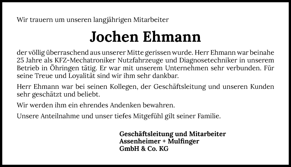  Traueranzeige für Jochen Ehmann vom 29.06.2023 aus GESAMT