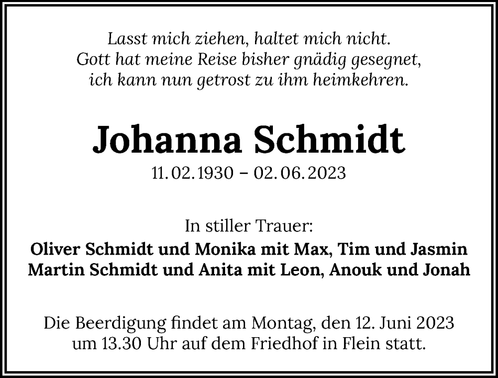  Traueranzeige für Johanna Schmidt vom 07.06.2023 aus GESAMT