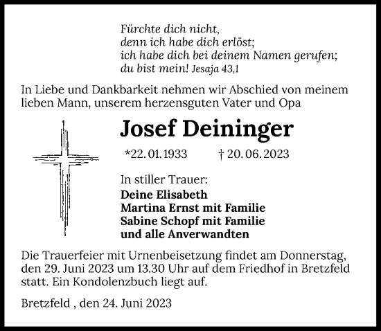 Traueranzeige von Josef Deininger von GESAMT