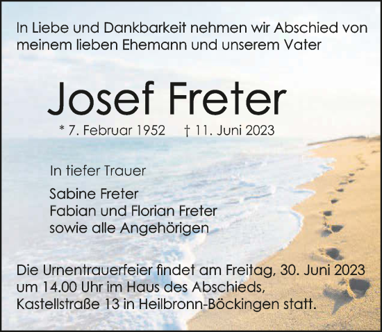 Traueranzeige von Josef Freter von GESAMT
