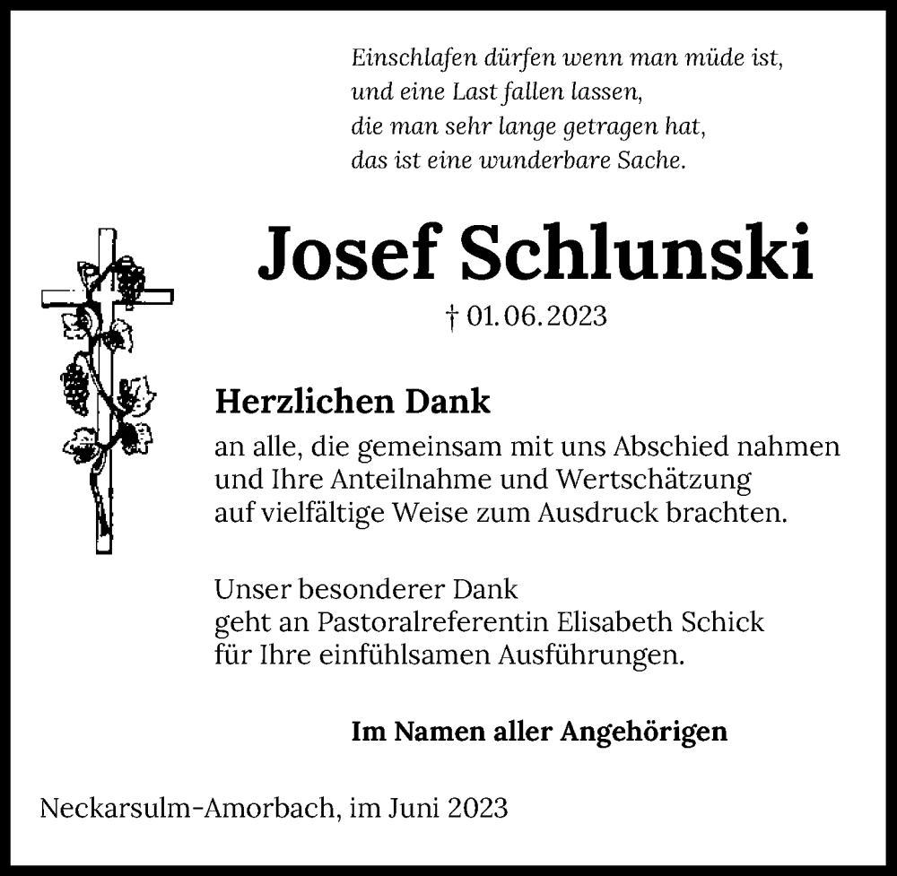  Traueranzeige für Josef Schlunski vom 24.06.2023 aus GESAMT